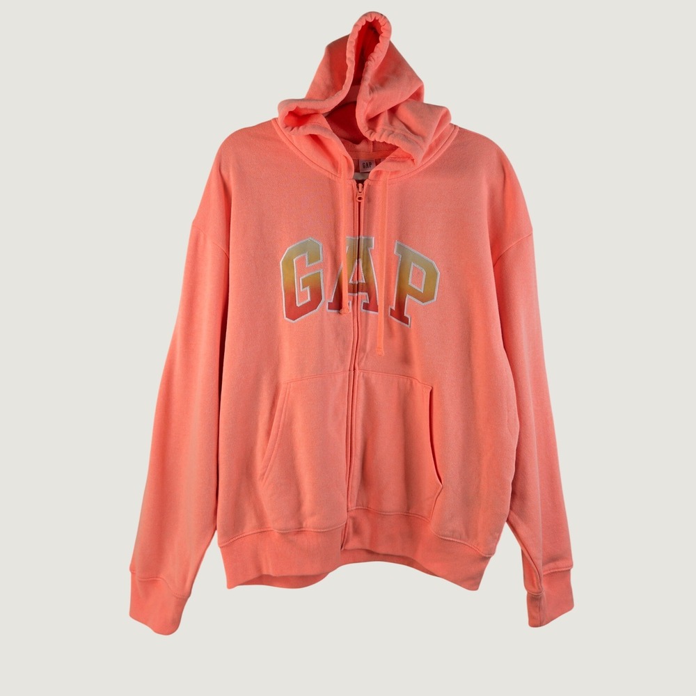 Gap Zip Up Hoodie Large Neon Coral Logo Fleece Sweatshirt Relaxed Fit Y2K Casual